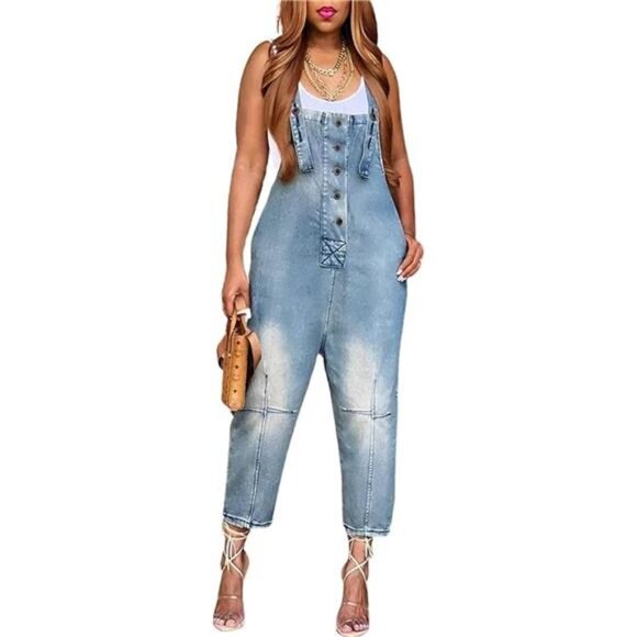 Women's Casual Loose Fit Jean Jumpsuit Light Blue